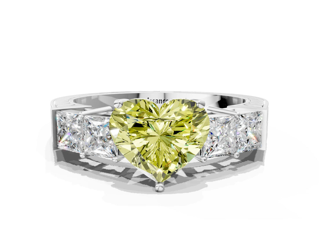 White gold Fancy Yellow Heart Cut Solitaire Princess Side Stone Engraved Band Prong Setting Ring_12