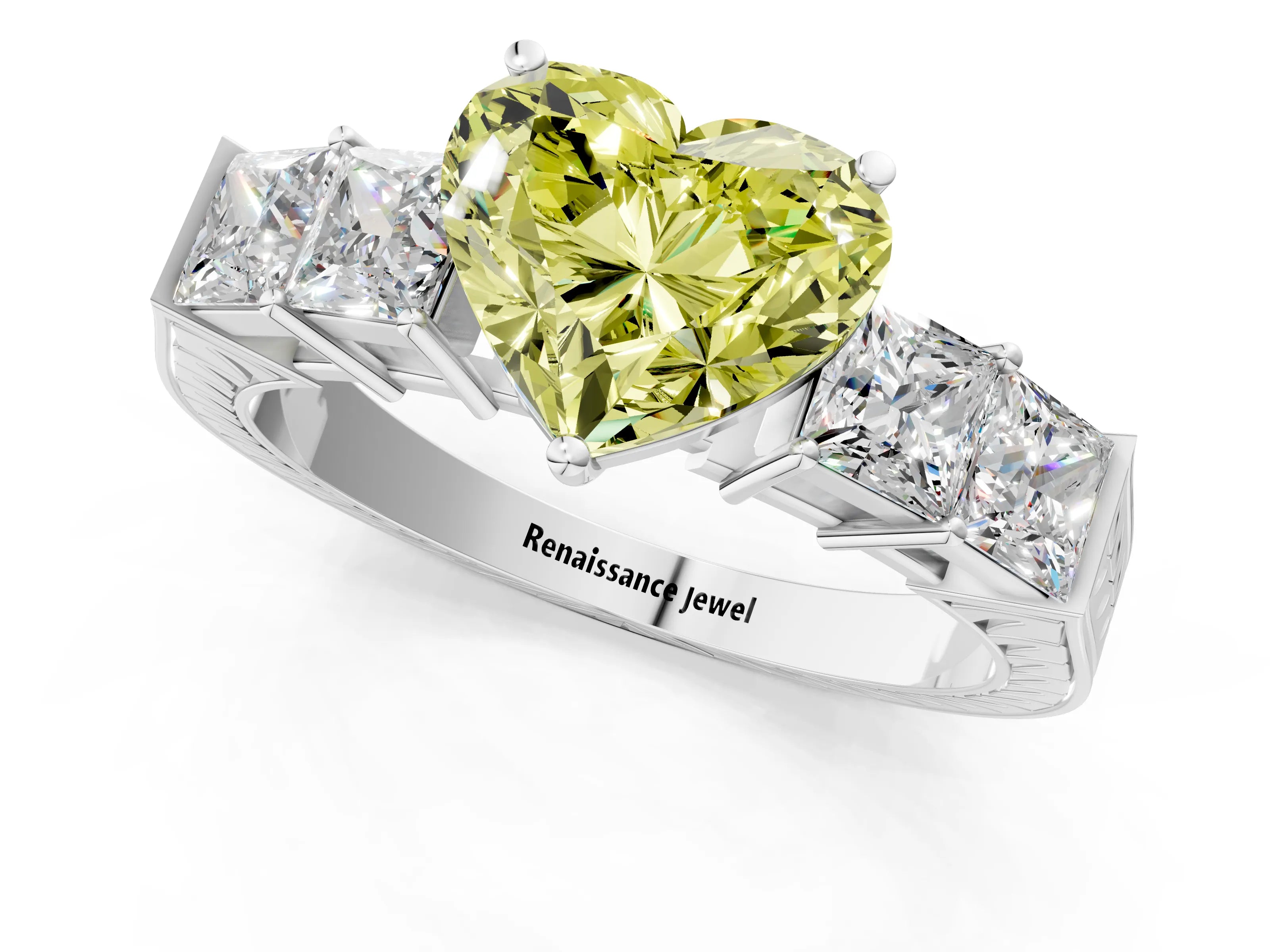 White gold Fancy Yellow Heart Cut Solitaire Princess Side Stone Engraved Band Prong Setting Ring_13