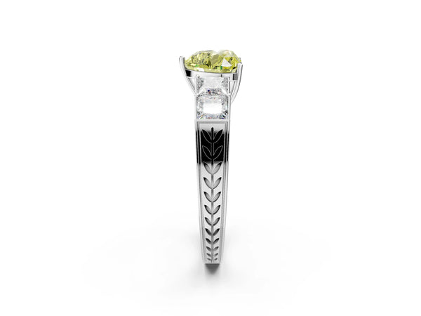 Platinum Fancy Yellow Heart Cut Solitaire Princess Side Stone Engraved Band Prong Setting Ring