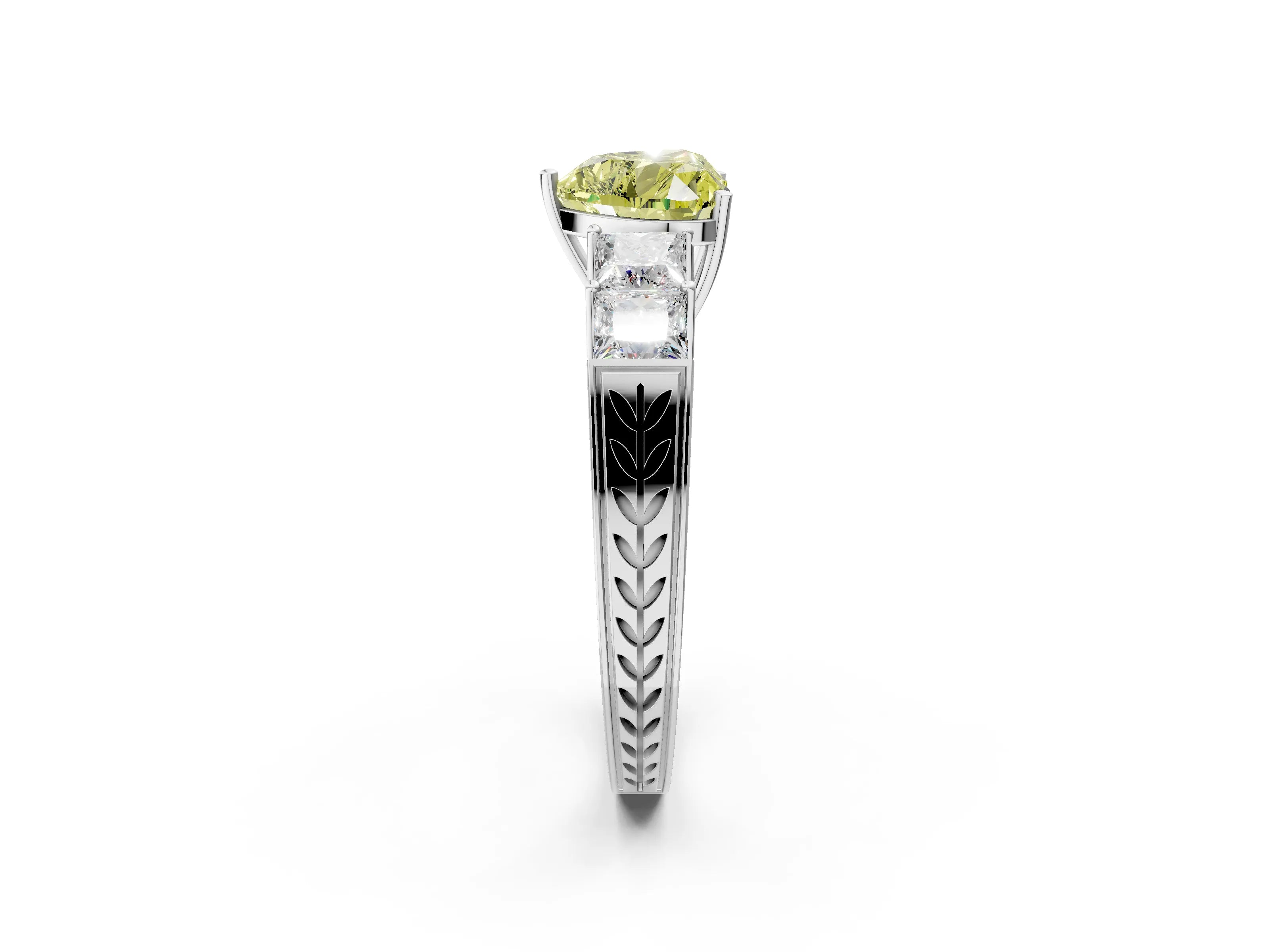 White gold Fancy Yellow Heart Cut Solitaire Princess Side Stone Engraved Band Prong Setting Ring_14