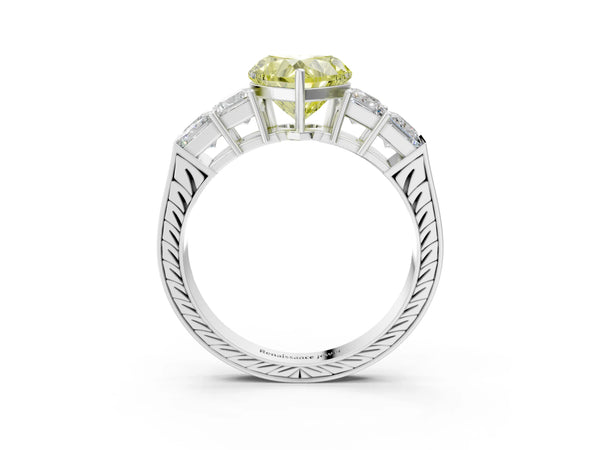 Platinum Fancy Yellow Heart Cut Solitaire Princess Side Stone Engraved Band Prong Setting Ring