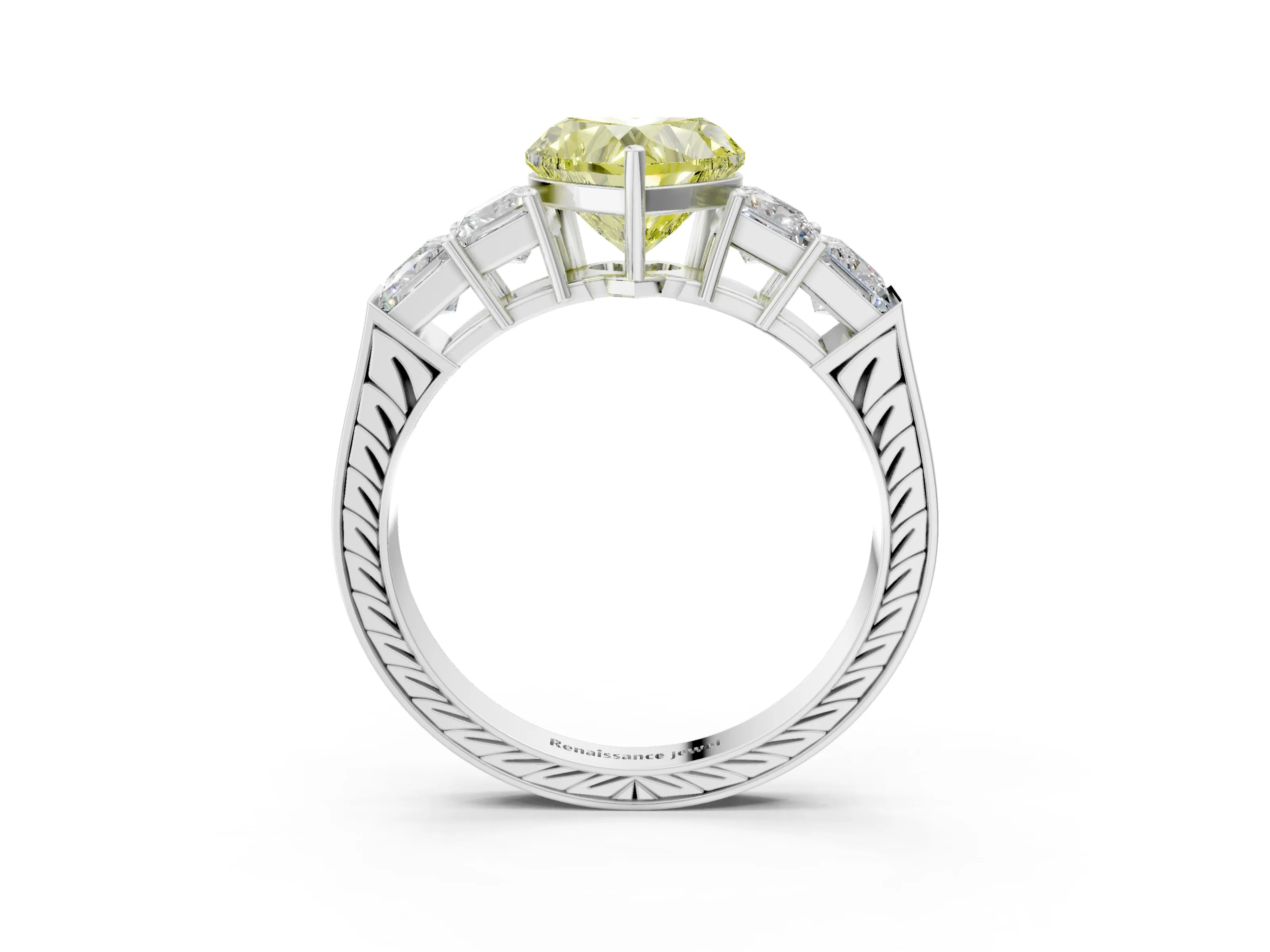 White gold Fancy Yellow Heart Cut Solitaire Princess Side Stone Engraved Band Prong Setting Ring_15