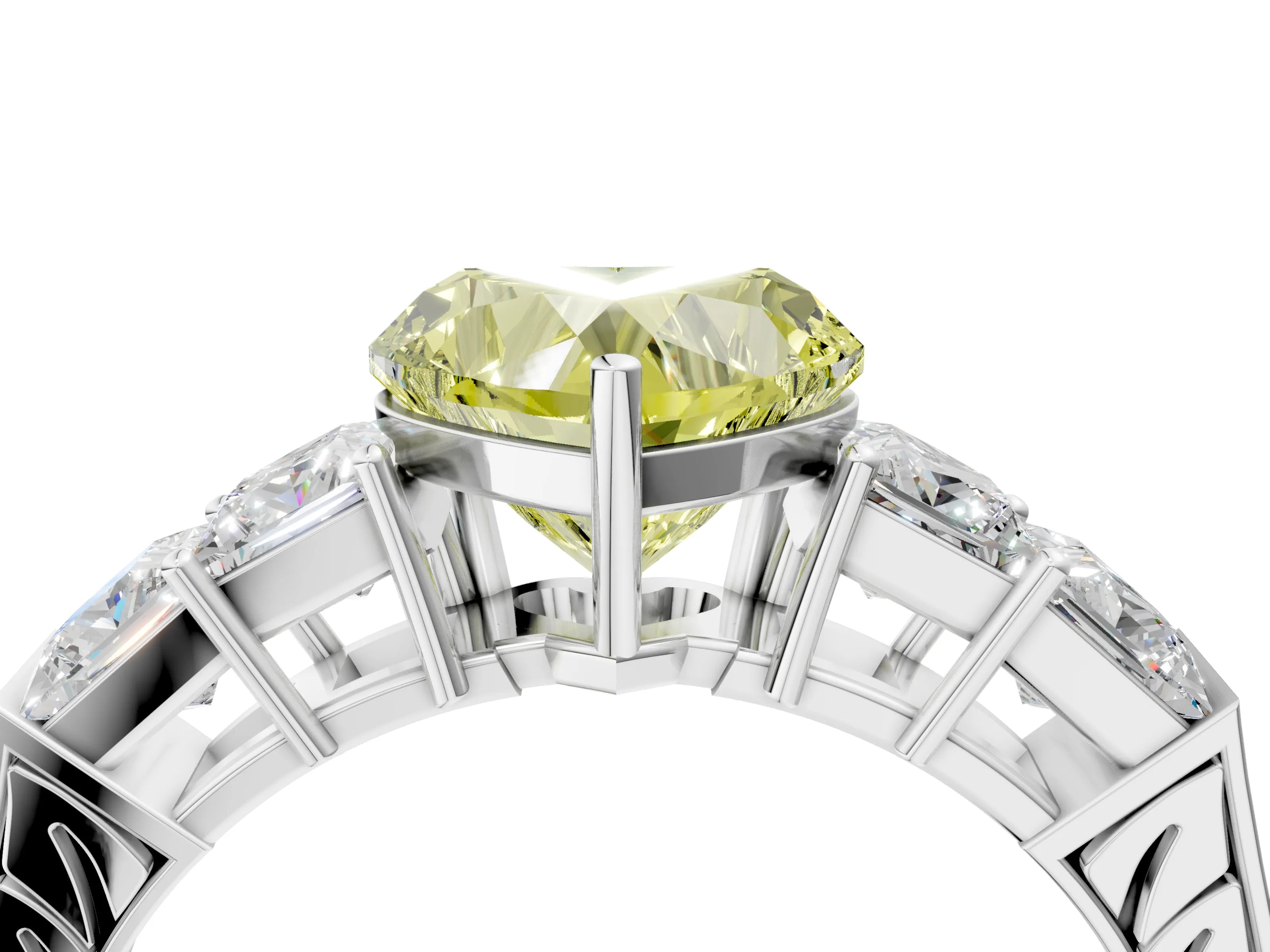 White gold Fancy Yellow Heart Cut Solitaire Princess Side Stone Engraved Band Prong Setting Ring_16