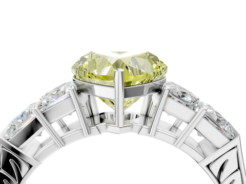 White gold Fancy Yellow Heart Cut Solitaire Princess Side Stone Engraved Band Prong Setting Ring_16