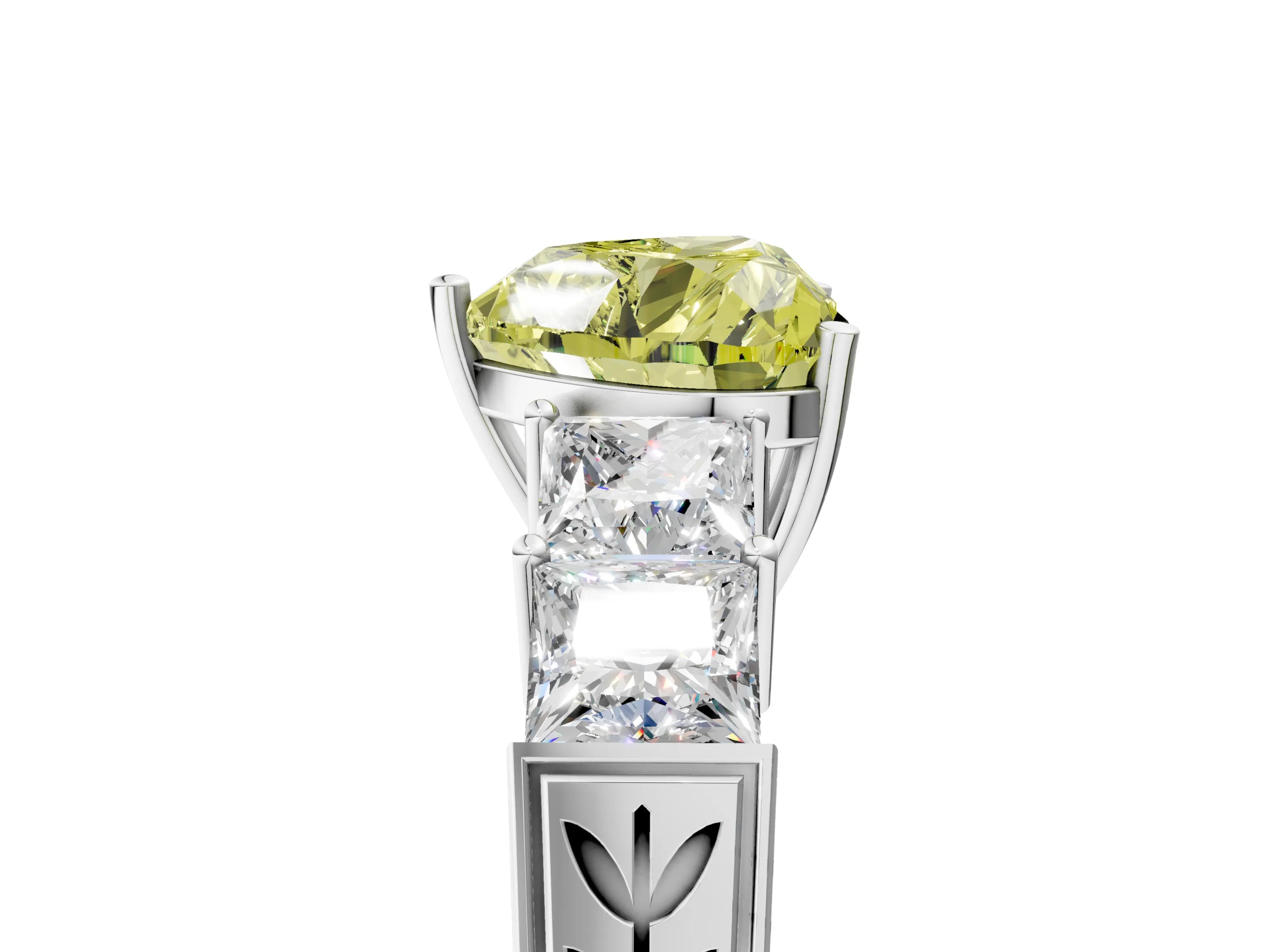White gold Fancy Yellow Heart Cut Solitaire Princess Side Stone Engraved Band Prong Setting Ring_17