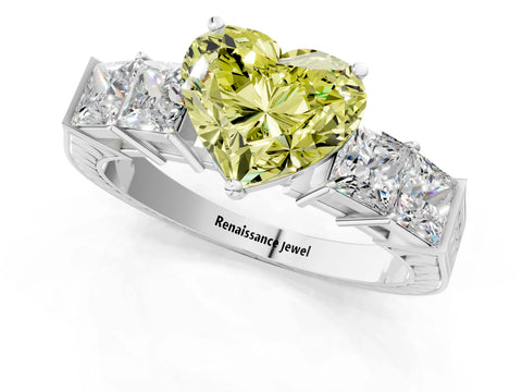 White gold Fancy Yellow Heart Cut Solitaire Princess Side Stone Engraved Band Prong Setting Ring_1