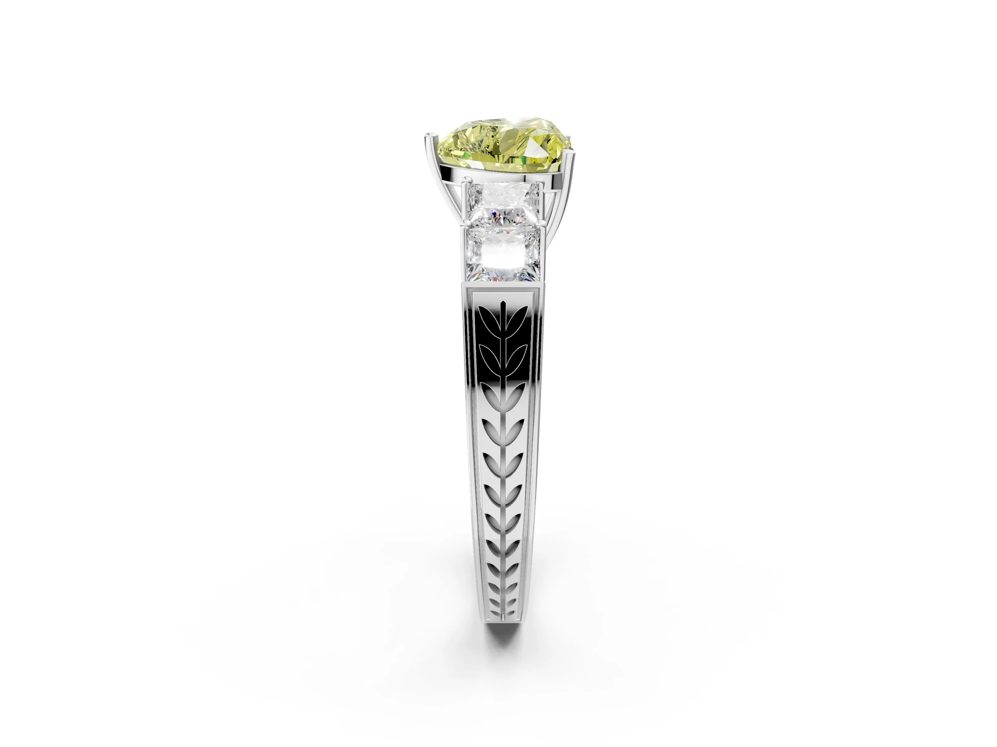White gold Fancy Yellow Heart Cut Solitaire Princess Side Stone Engraved Band Prong Setting Ring_2