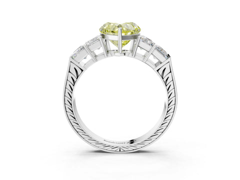 White gold Fancy Yellow Heart Cut Solitaire Princess Side Stone Engraved Band Prong Setting Ring_3