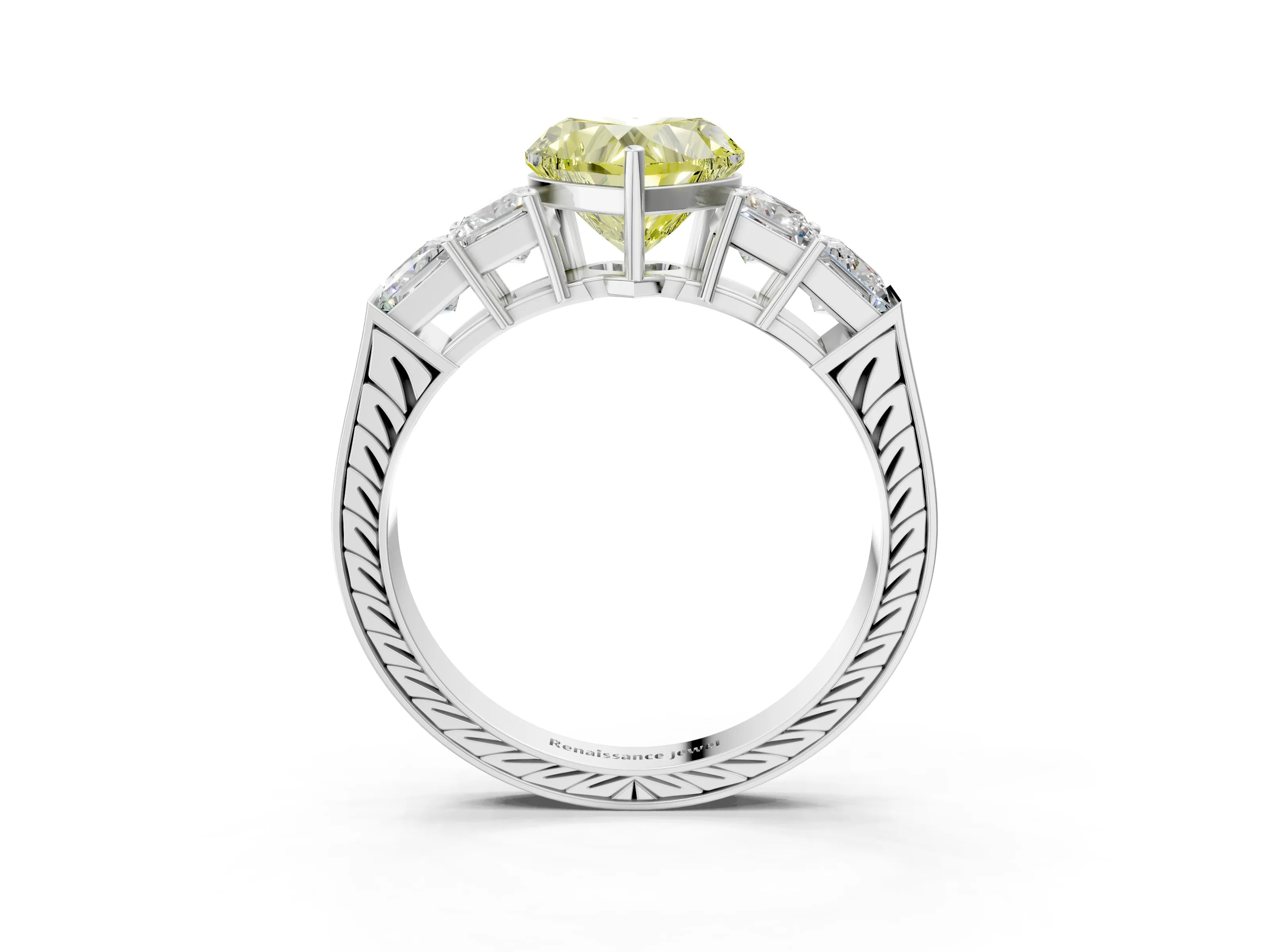 White gold Fancy Yellow Heart Cut Solitaire Princess Side Stone Engraved Band Prong Setting Ring_3