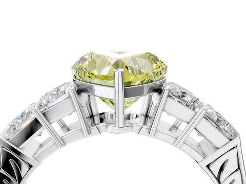 White gold Fancy Yellow Heart Cut Solitaire Princess Side Stone Engraved Band Prong Setting Ring_4