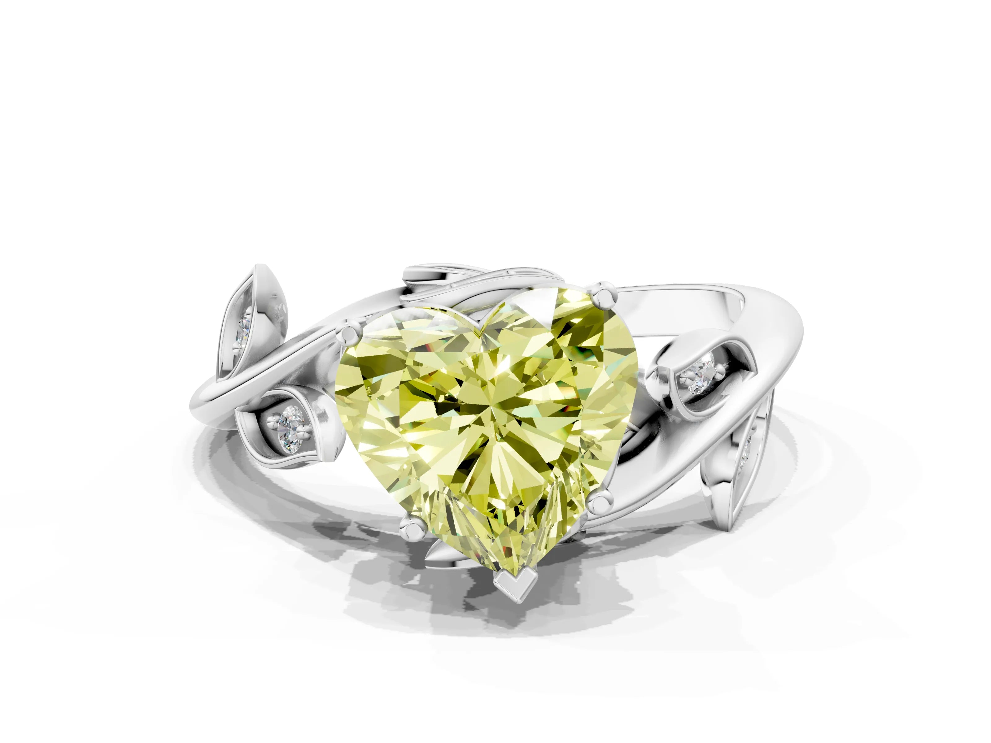 White gold Fancy Yellow Heart Cut Solitaire Twist Engagement Ring with Leaf Accents and Prong Setting