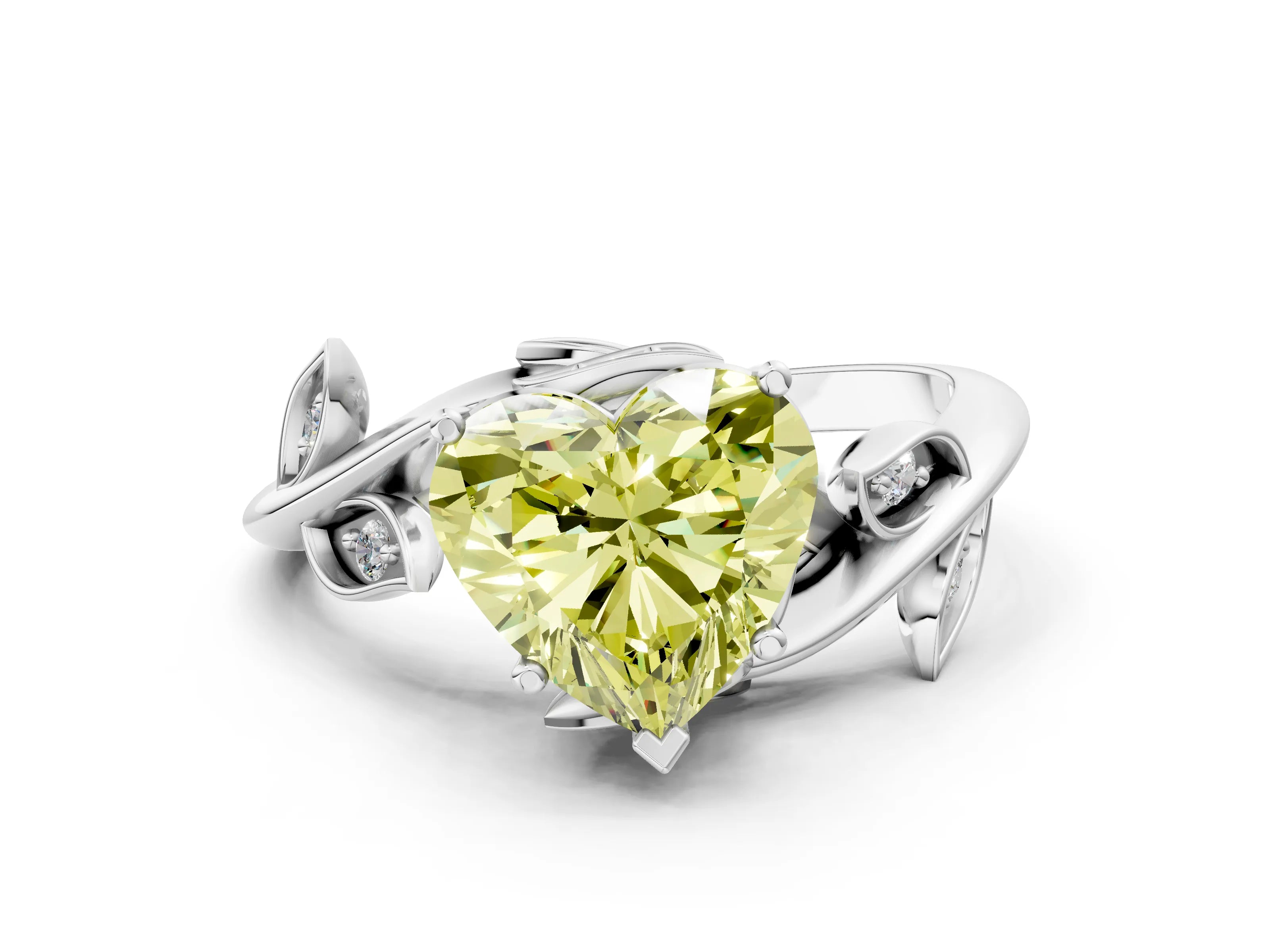 White gold Fancy Yellow Heart Cut Solitaire Twist Engagement Ring with Leaf Accents and Prong Setting