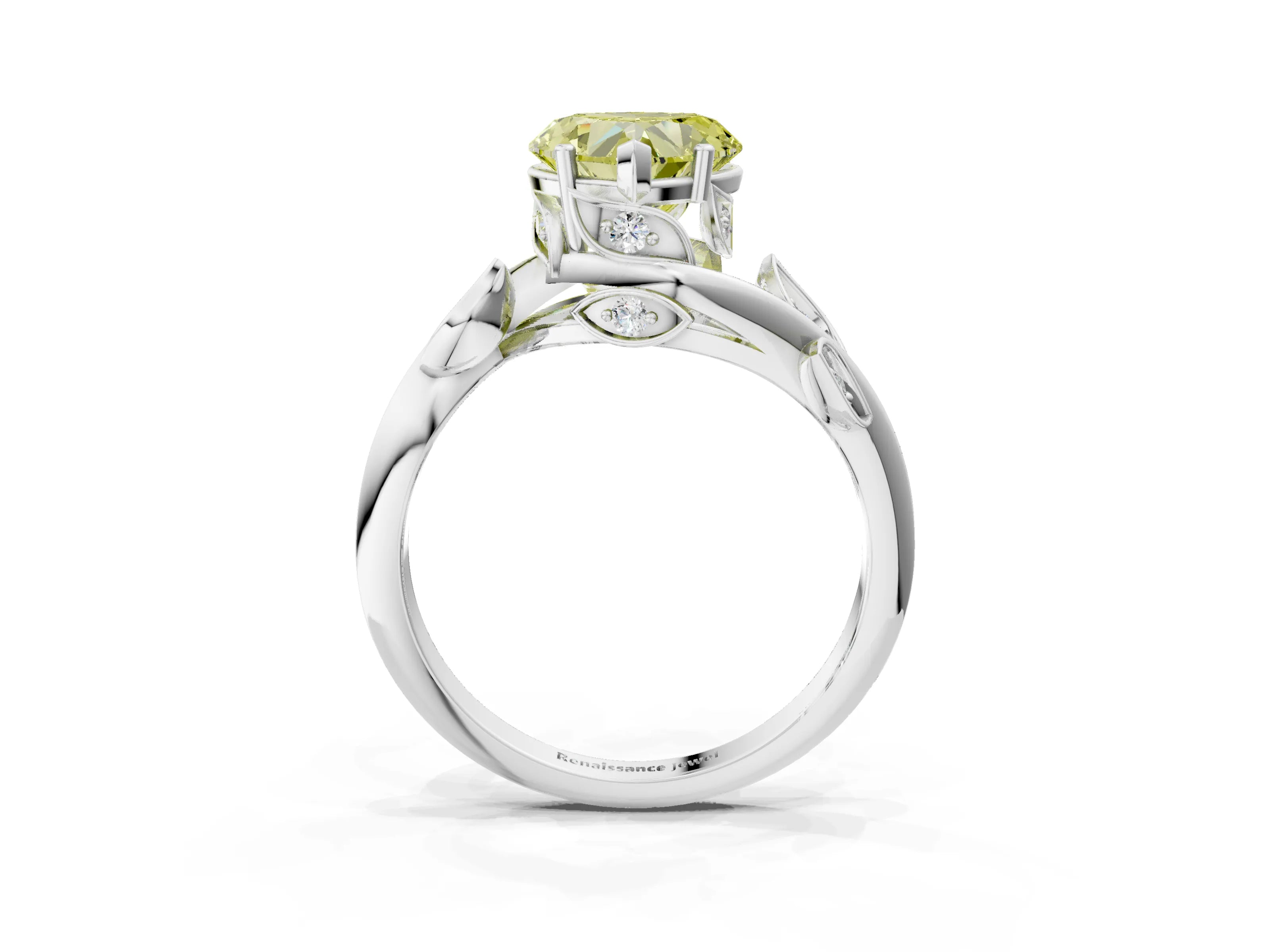 White gold Fancy Yellow Heart Cut Solitaire Twist Engagement Ring with Leaf Accents and Prong Setting_3