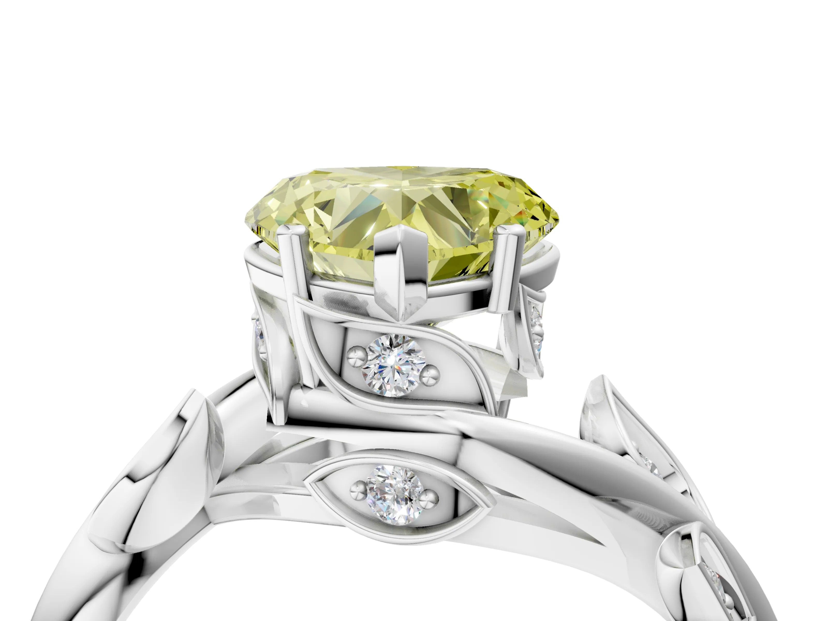 White gold Fancy Yellow Heart Cut Solitaire Twist Engagement Ring with Leaf Accents and Prong Setting_4