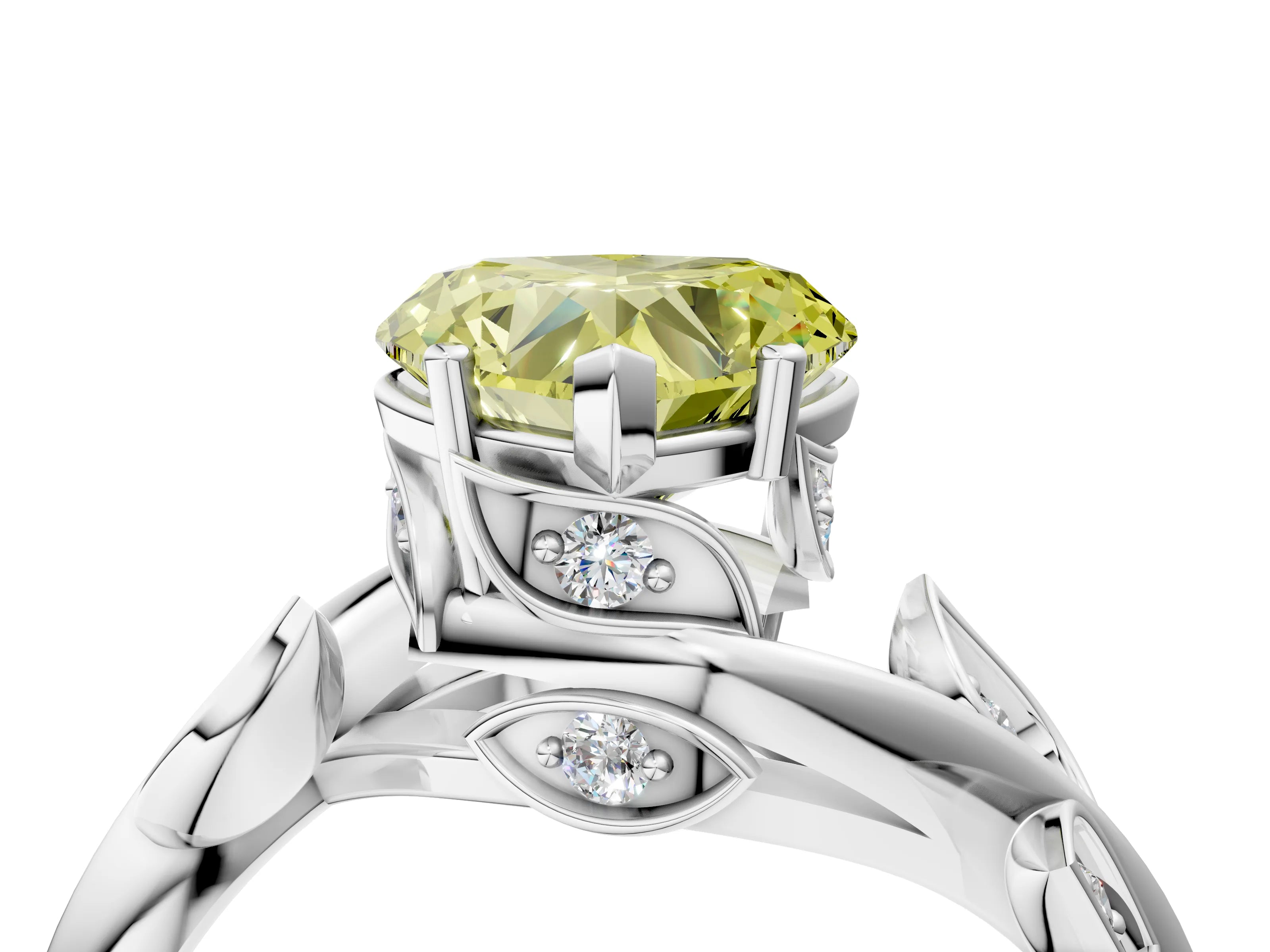 White gold Fancy Yellow Heart Cut Solitaire Twist Engagement Ring with Leaf Accents and Prong Setting_4
