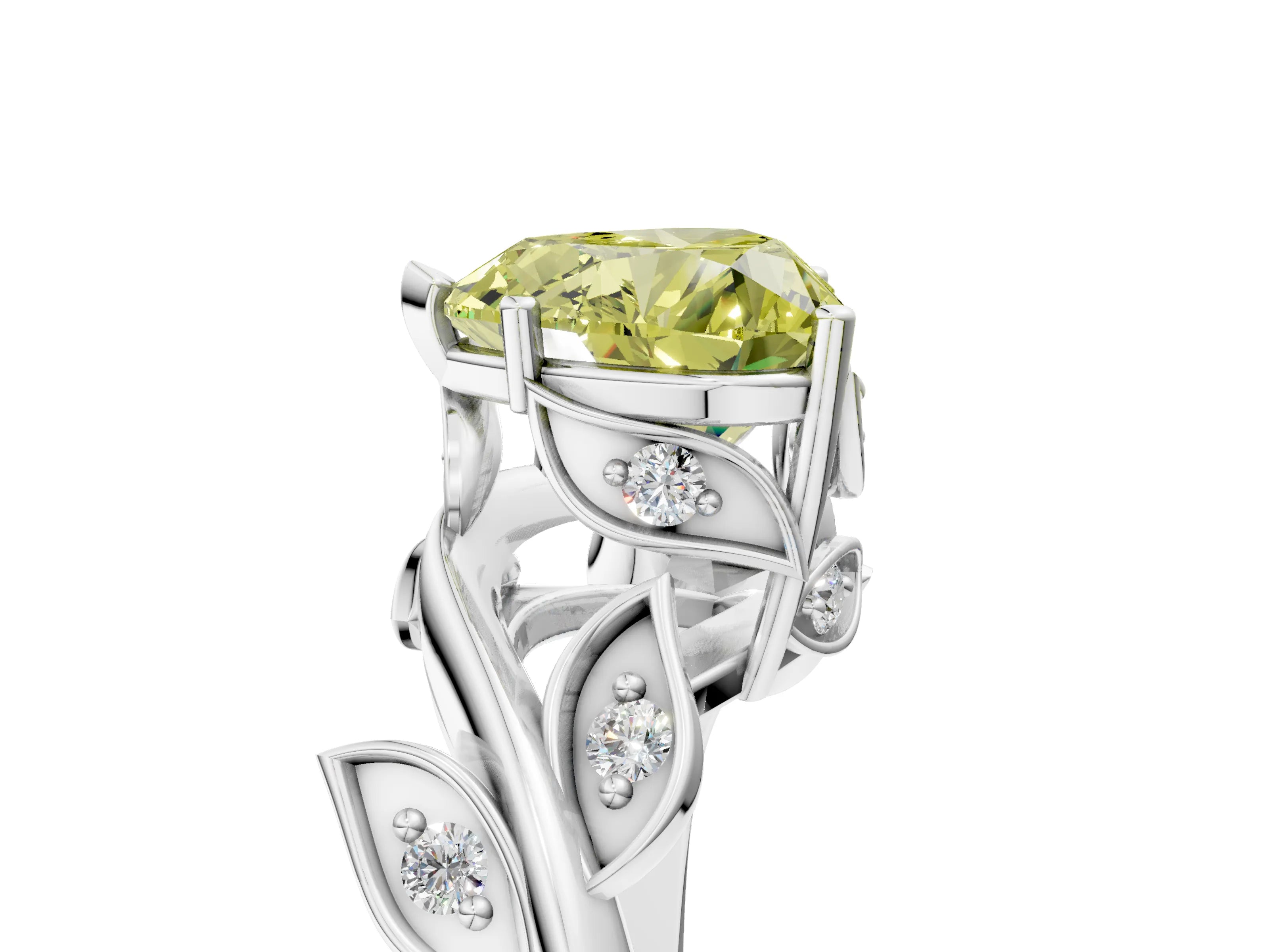 White gold Fancy Yellow Heart Cut Solitaire Twist Engagement Ring with Leaf Accents and Prong Setting_5