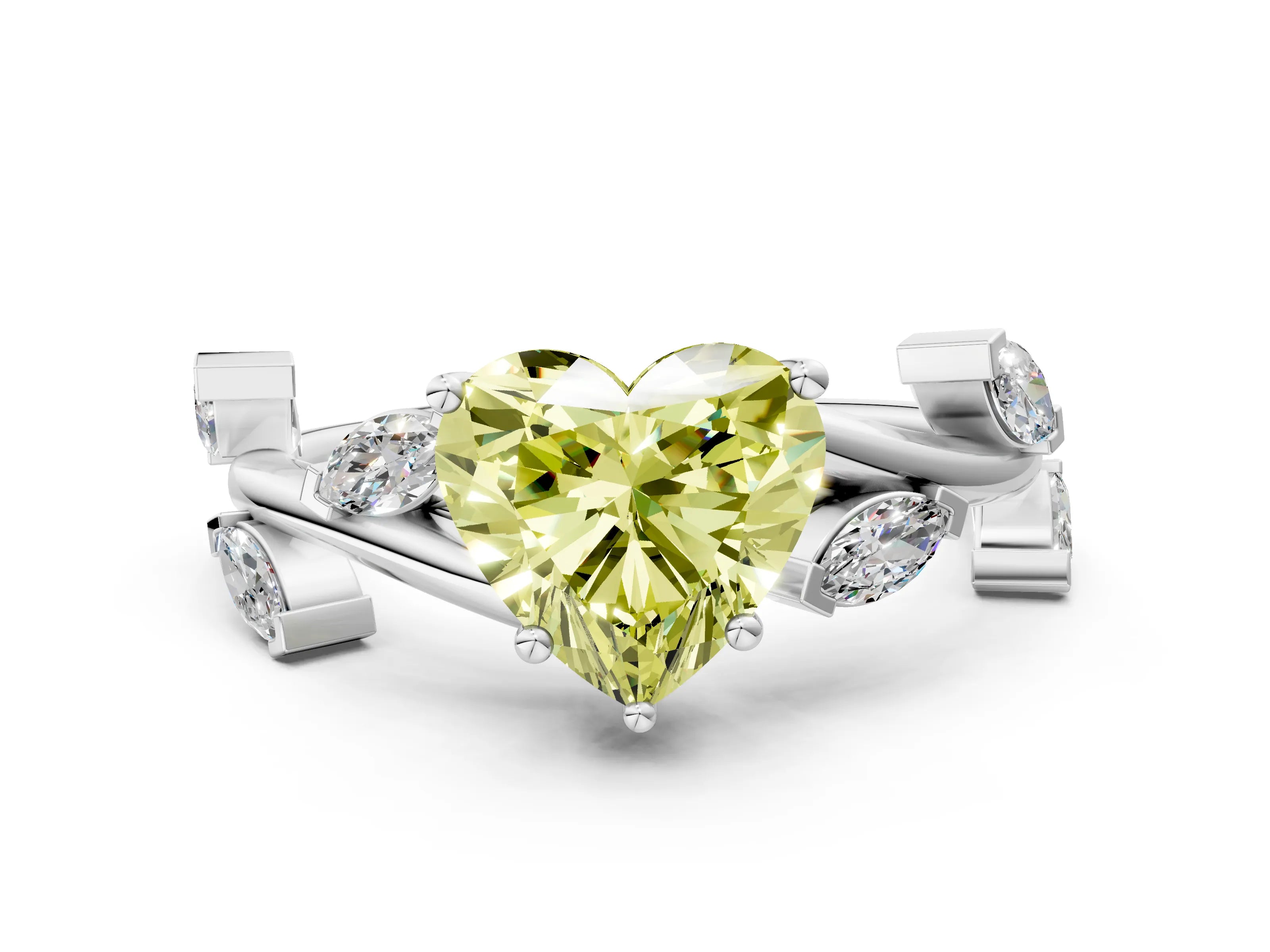 White gold Fancy Yellow Heart Cut Solitaire Twisted Band Marquise Accent Prong Setting Ring