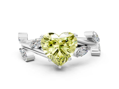 White gold Fancy Yellow Heart Cut Solitaire Twisted Band Marquise Accent Prong Setting Ring