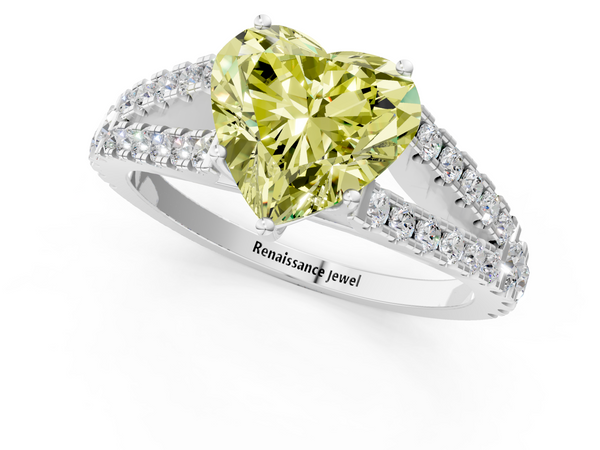 White gold Fancy Yellow Heart  Cut Split Shank Pave Diamond Engagement Ring with Four-Prong Setting