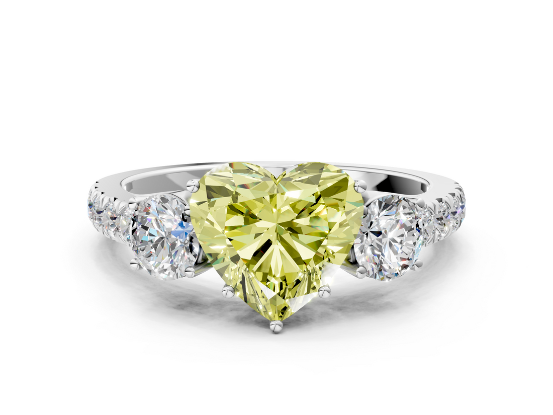White gold Fancy Yellow Heart  Cut Three-Stone Diamond Pave Band with Prong Setting_37
