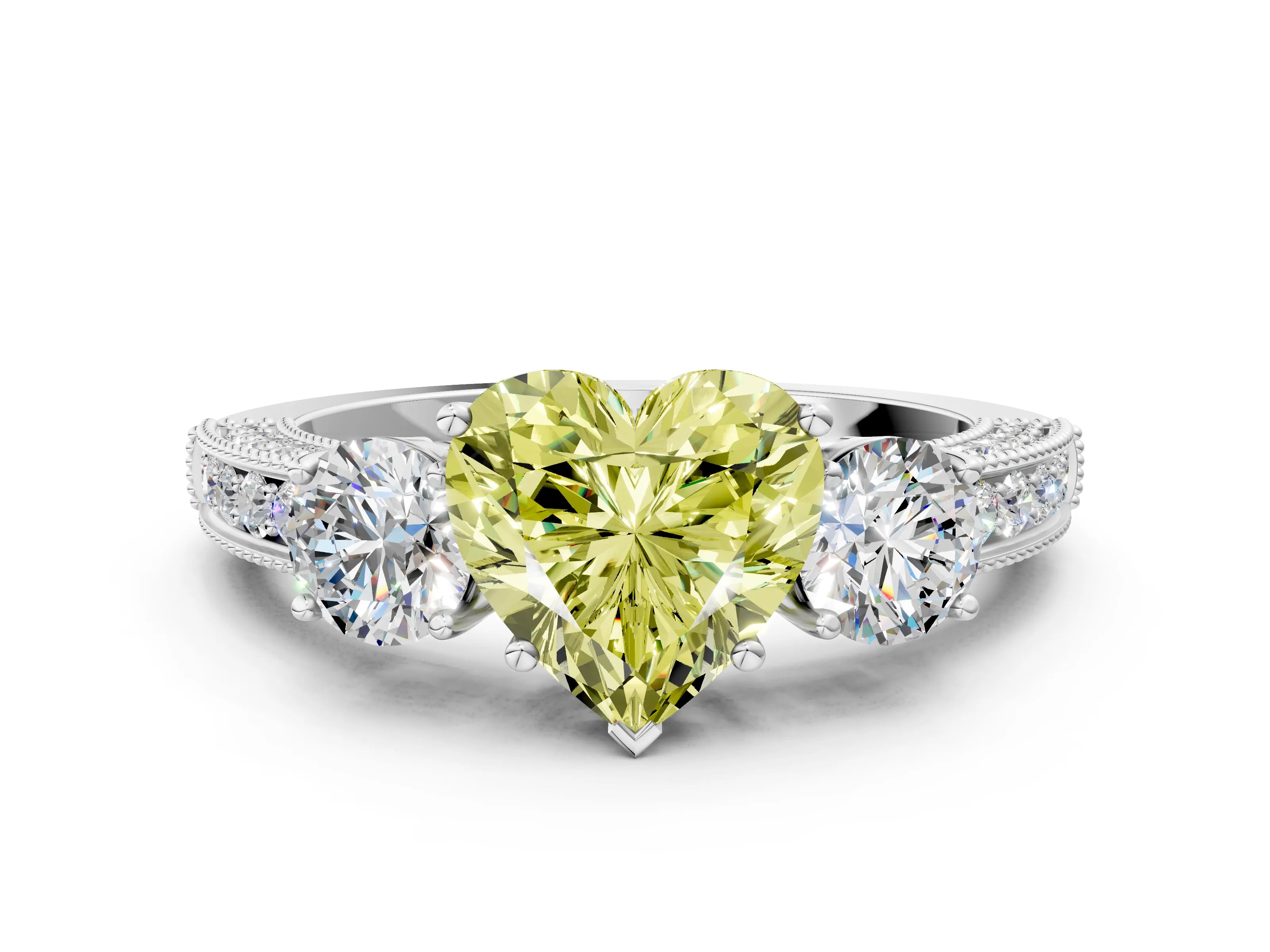 White gold Fancy Yellow Heart Cut Three-Stone Diamond Ring with Pavé Band and Four-Prong Setting