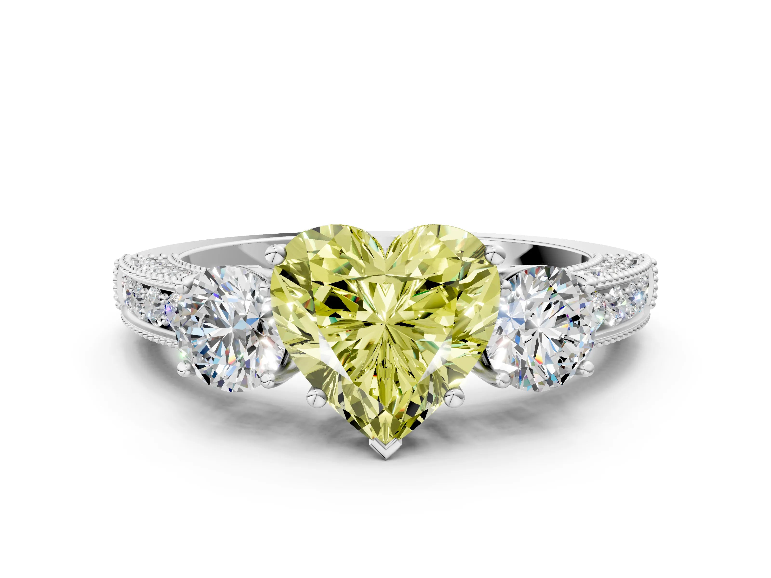 White gold Fancy Yellow Heart Cut Three-Stone Diamond Ring with Pavé Band and Four-Prong Setting_12
