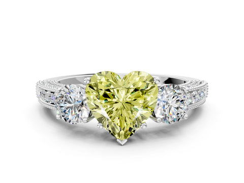 White gold Fancy Yellow Heart Cut Three-Stone Diamond Ring with Pavé Band and Four-Prong Setting_12