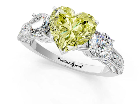 White gold Fancy Yellow Heart Cut Three-Stone Diamond Ring with Pavé Band and Four-Prong Setting_13