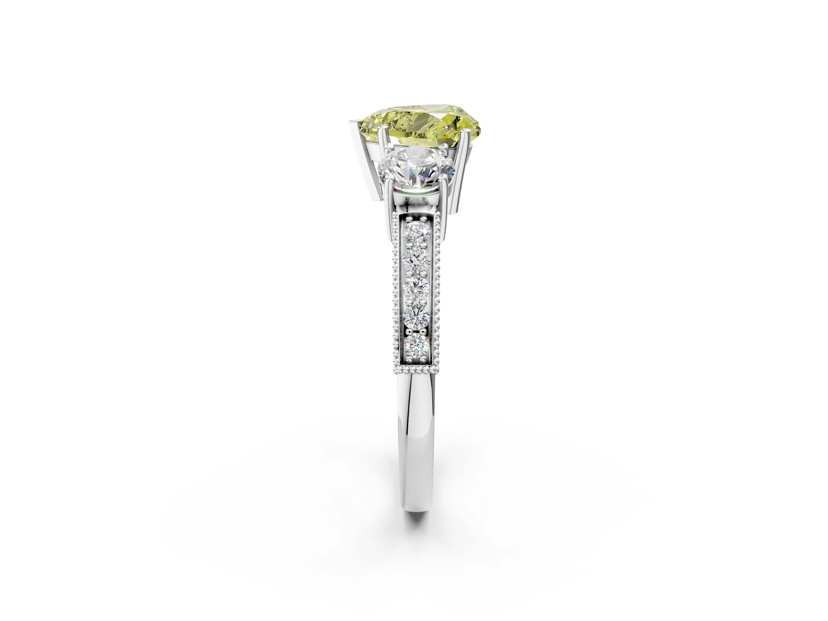 White gold Fancy Yellow Heart Cut Three-Stone Diamond Ring with Pavé Band and Four-Prong Setting_14