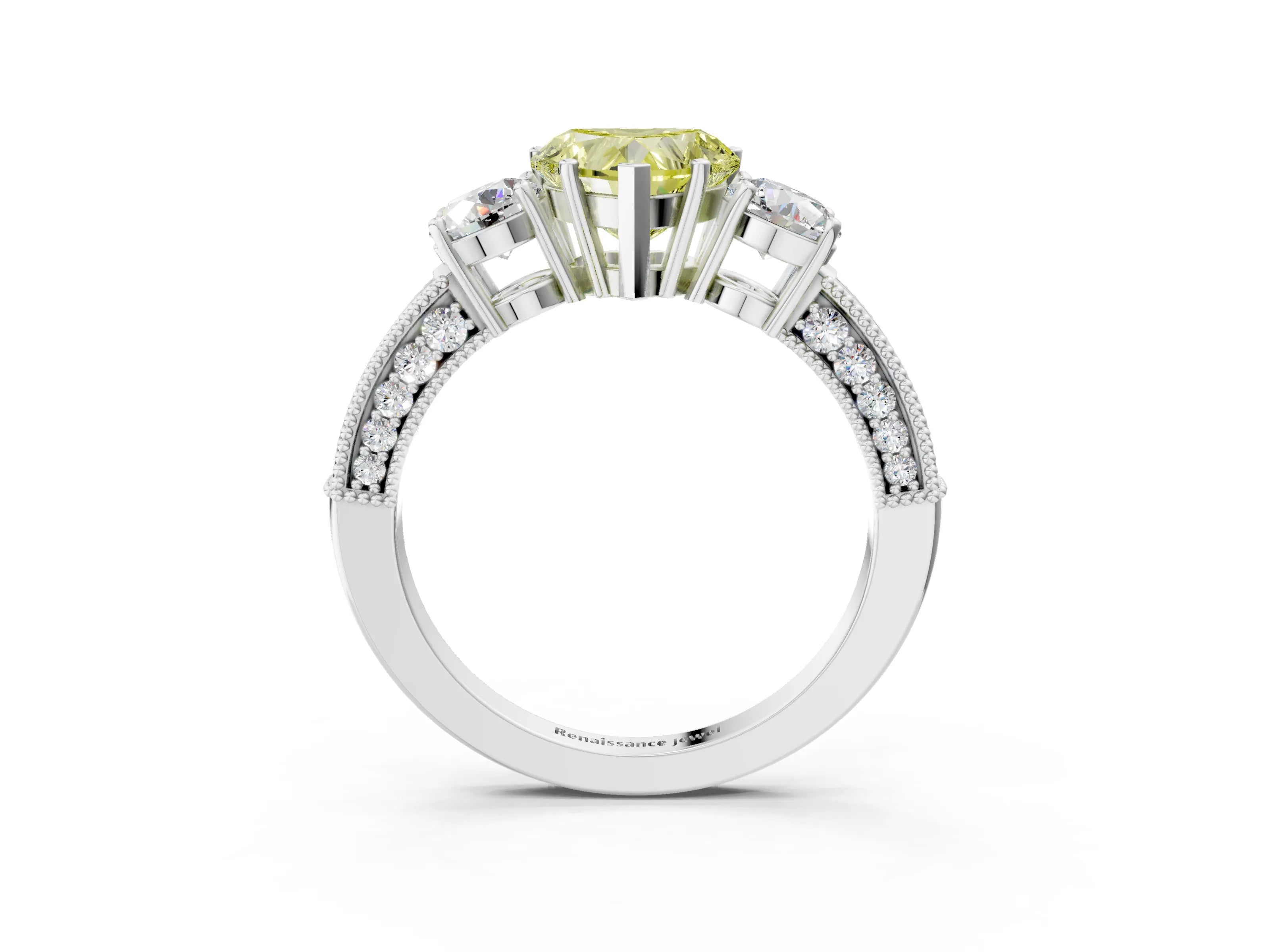 White gold Fancy Yellow Heart Cut Three-Stone Diamond Ring with Pavé Band and Four-Prong Setting_15