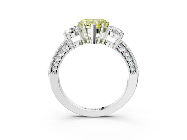 White gold Fancy Yellow Heart Cut Three-Stone Diamond Ring with Pavé Band and Four-Prong Setting