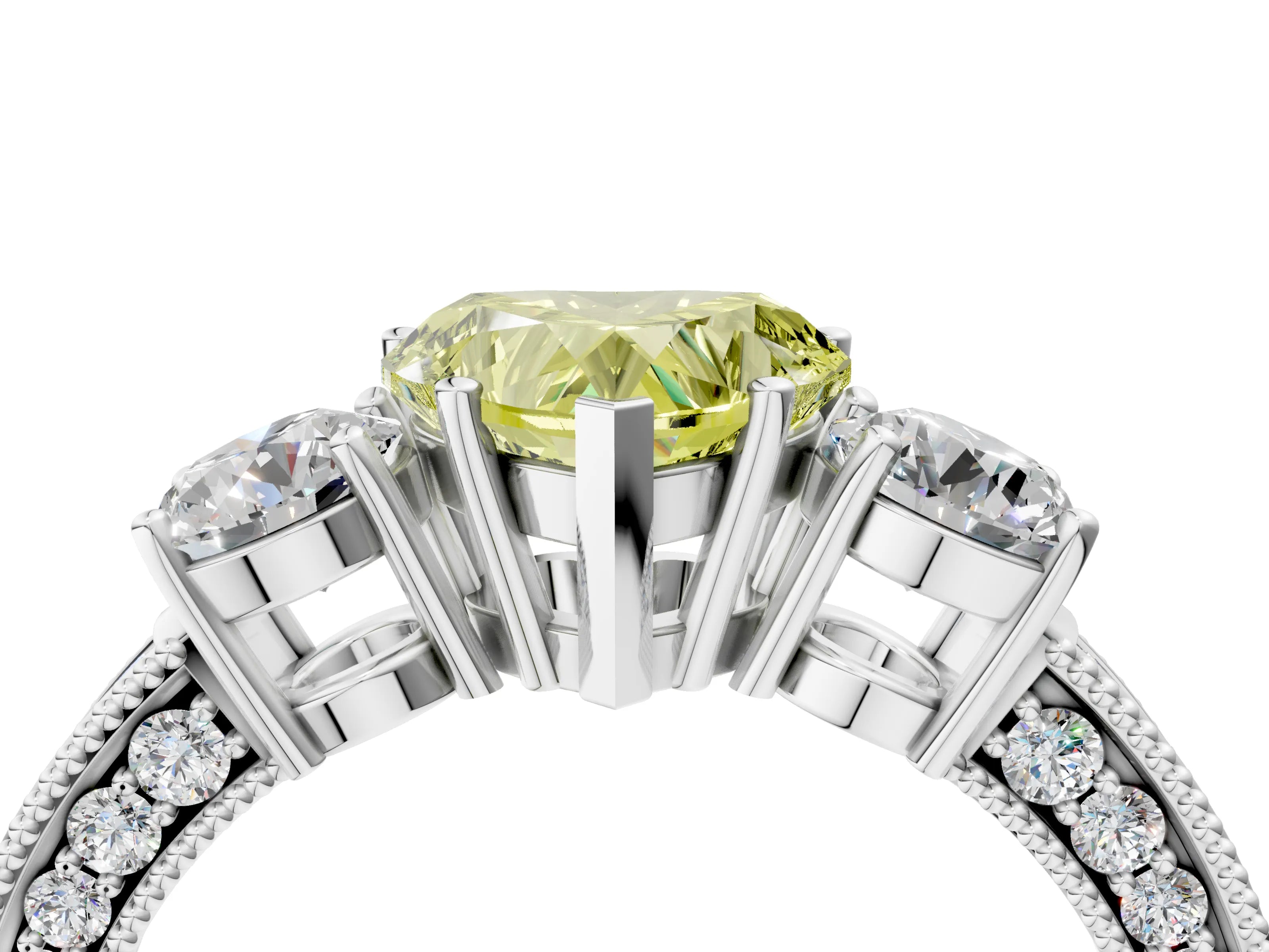 White gold Fancy Yellow Heart Cut Three-Stone Diamond Ring with Pavé Band and Four-Prong Setting_16