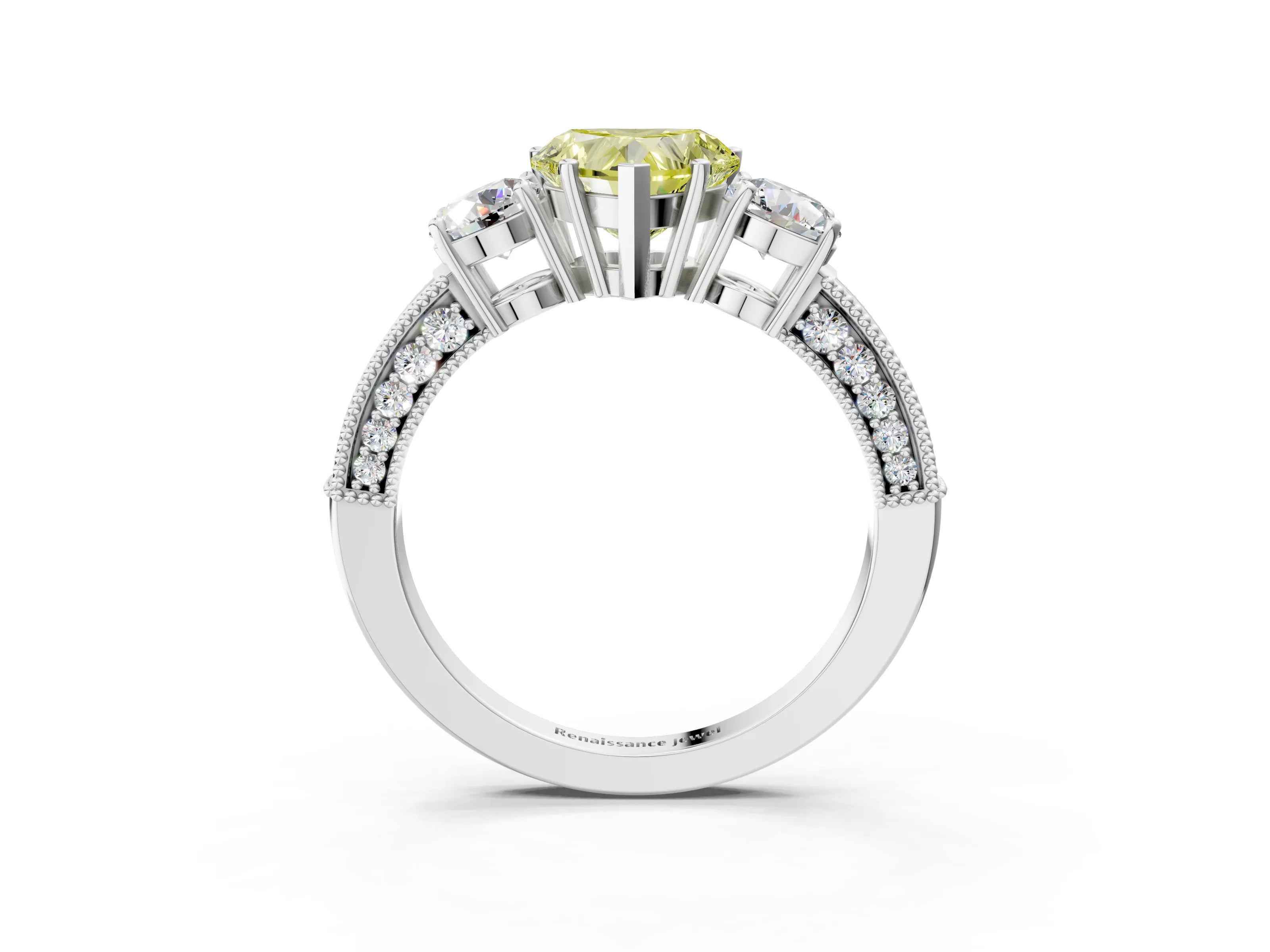 White gold Fancy Yellow Heart Cut Three-Stone Diamond Ring with Pavé Band and Four-Prong Setting_3