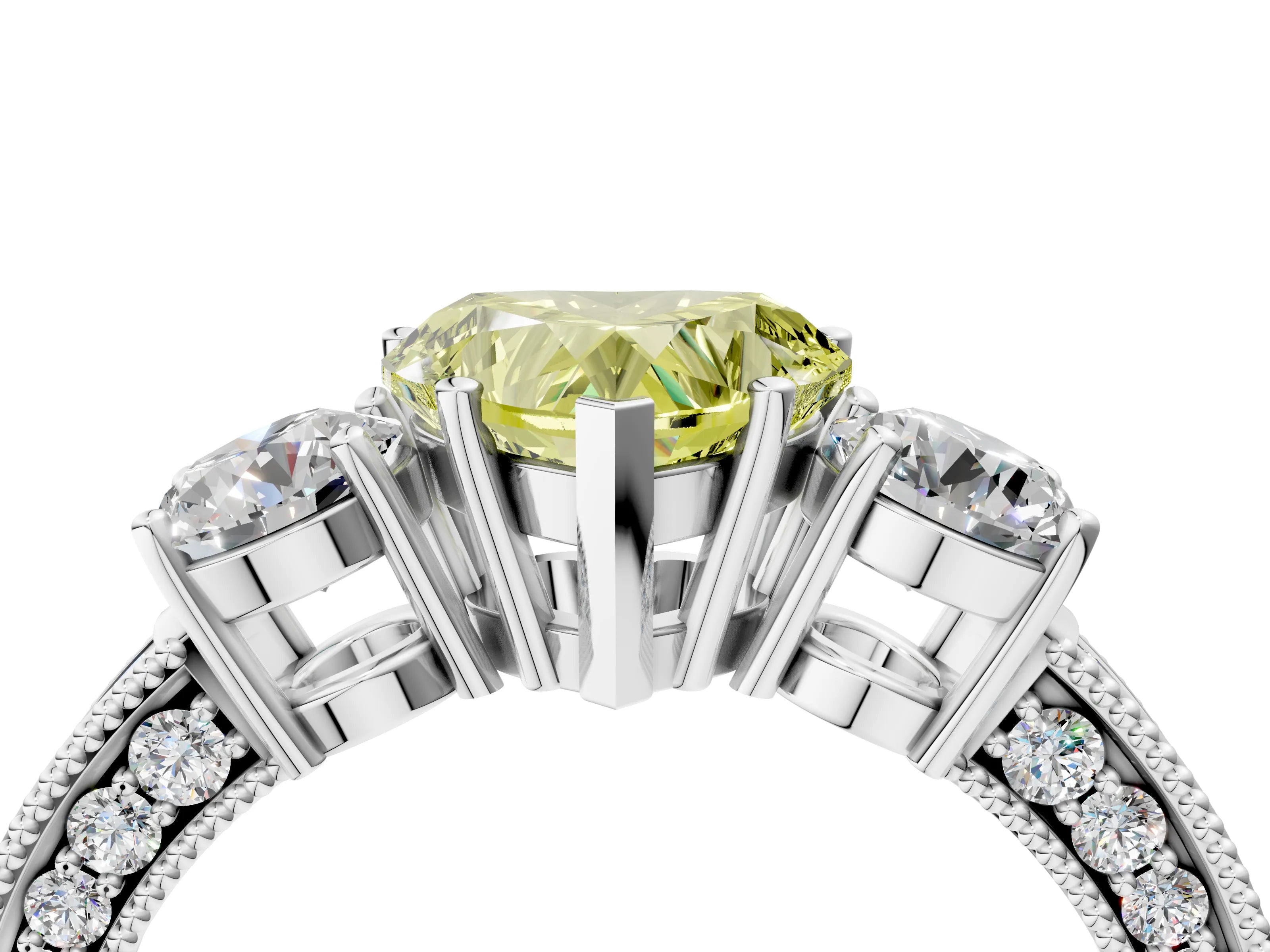 White gold Fancy Yellow Heart Cut Three-Stone Diamond Ring with Pavé Band and Four-Prong Setting_4