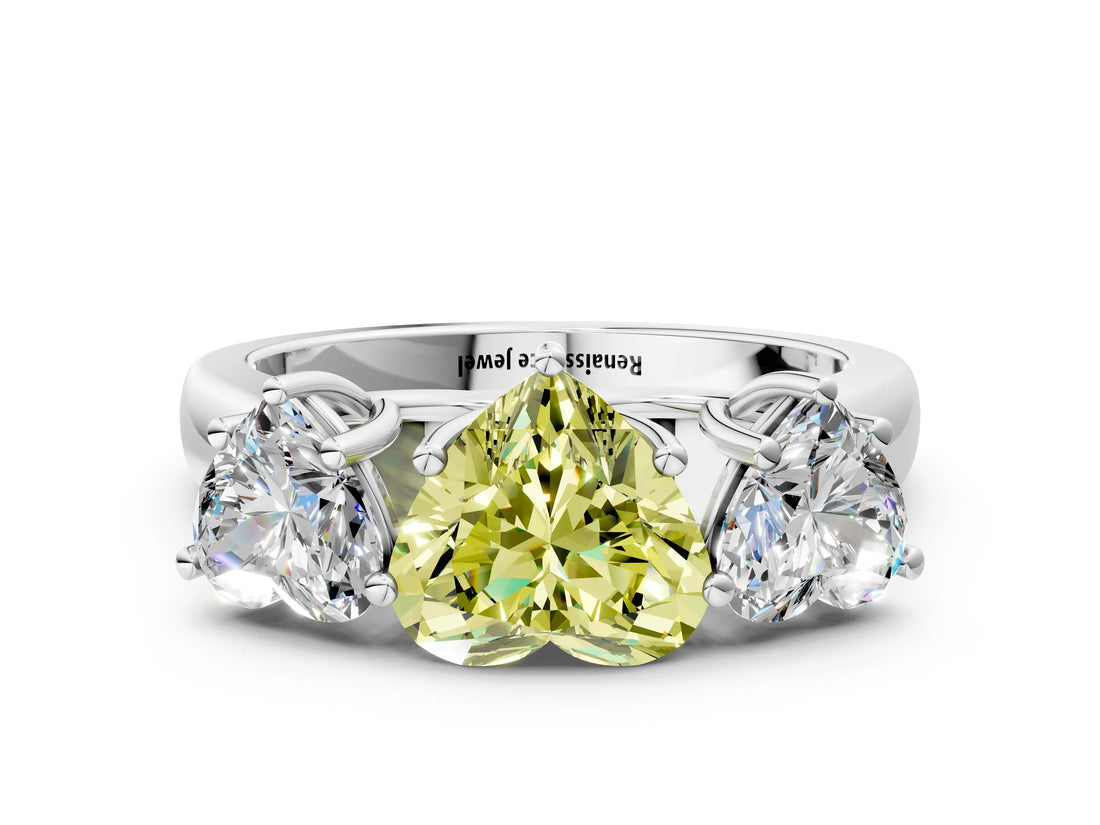 White gold Fancy Yellow Heart Cut Three-Stone Diamond Ring with Prong Setting on a Classic Band_30