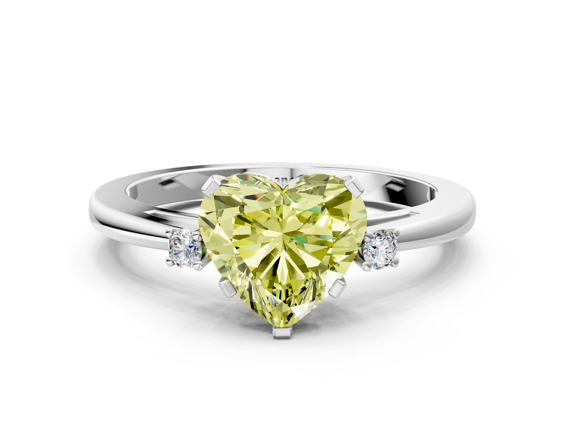 White gold Fancy Yellow Heart  Cut Three-Stone Solitaire Ring with Round Accent Diamonds and Four-Prong Setting_20