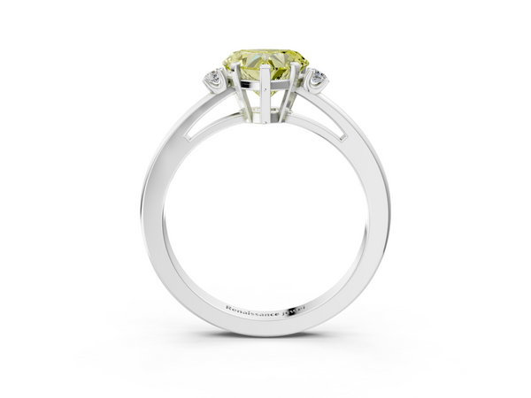 Platinum Fancy Yellow Heart  Cut Three-Stone Solitaire Ring with Round Accent Diamonds and Four-Prong Setting
