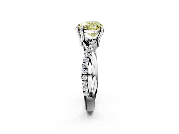 White gold Fancy Yellow Heart  Cut Twist Band Solitaire Diamond Ring with Pavé Setting