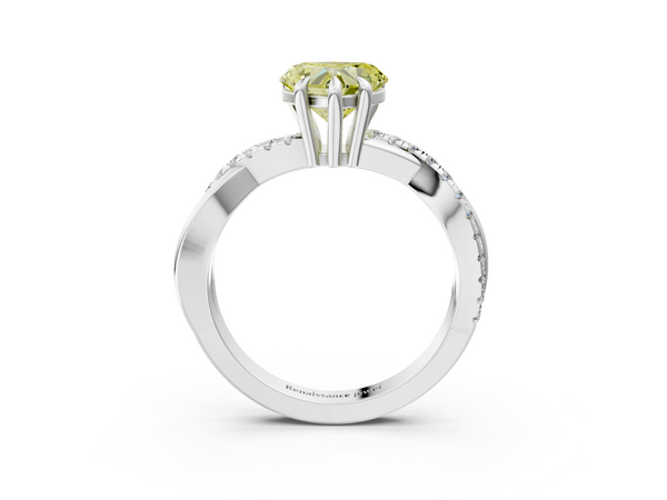 White gold Fancy Yellow Heart  Cut Twist Band Solitaire Diamond Ring with Pavé Setting