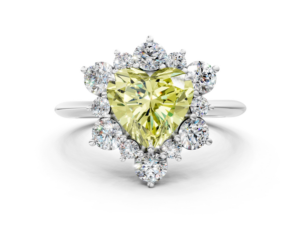 White gold Fancy Yellow Heart  Diamond Cluster Halo Ring with Solitaire Band and Four-Prong Setting