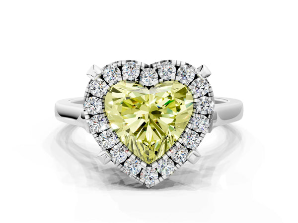 White gold Fancy Yellow Heart  Diamond Cluster Halo Solitaire with Four-Prong Setting