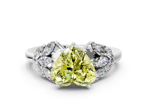 White gold Fancy Yellow Heart  Diamond Cluster Leaf Design Ring with Prong Setting