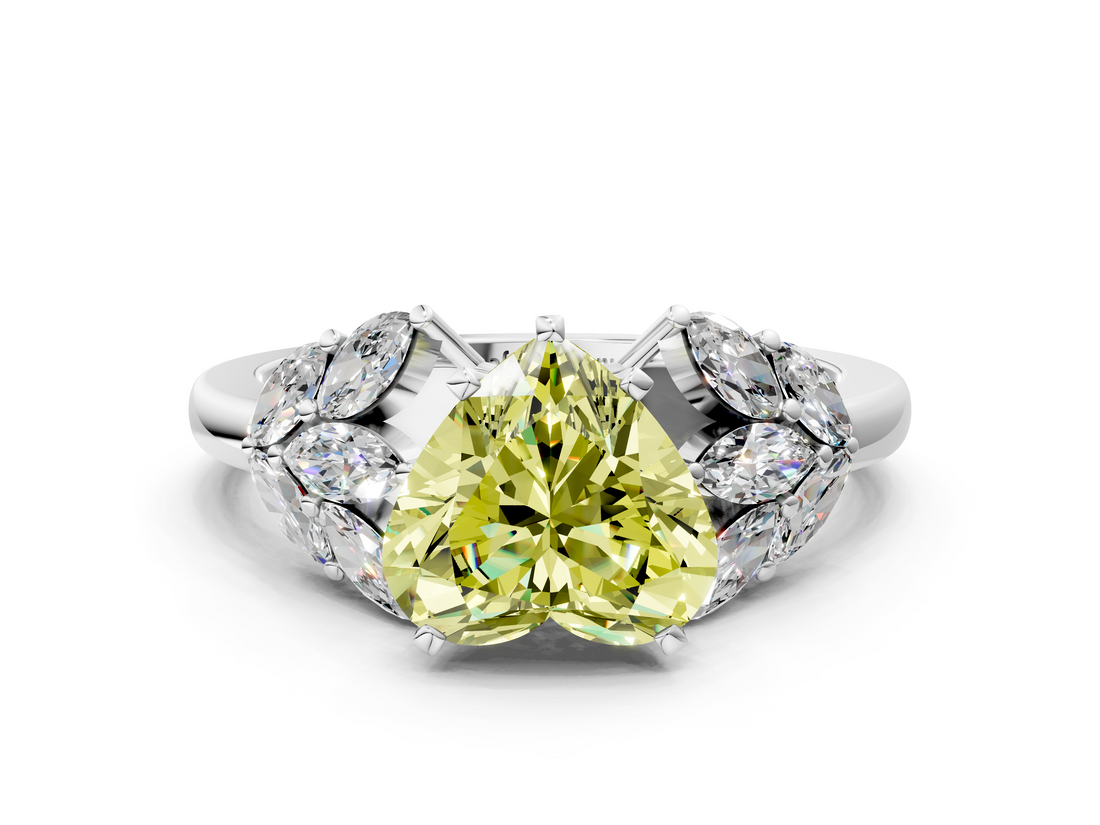 White gold Fancy Yellow Heart  Diamond Cluster Leaf Design Ring with Prong Setting_69