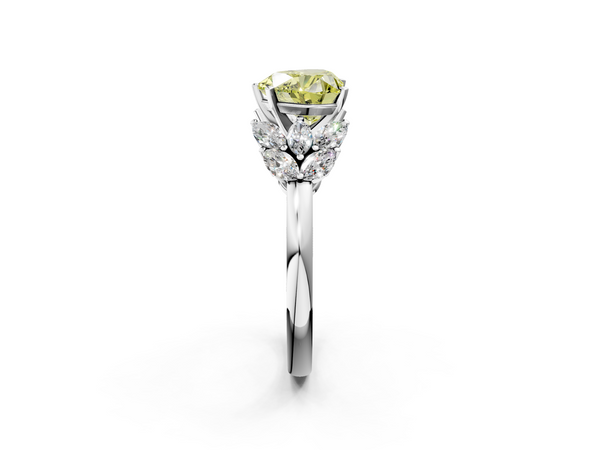 White gold Fancy Yellow Heart  Diamond Cluster Leaf Design Ring with Prong Setting