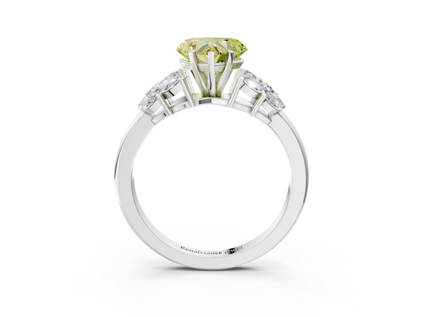 White gold Fancy Yellow Heart  Diamond Cluster Leaf Design Ring with Prong Setting