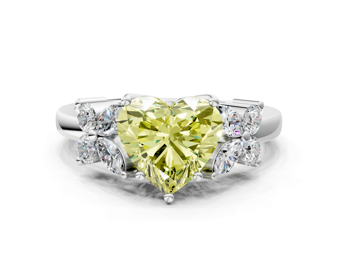 White gold Fancy Yellow Heart  Diamond Floral Cluster Ring with Solitaire Band and Prong Setting_55