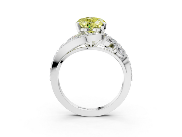 Platinum Fancy Yellow Heart  Diamond Halo Ring with Marquise and Pavé Band in Prong Setting