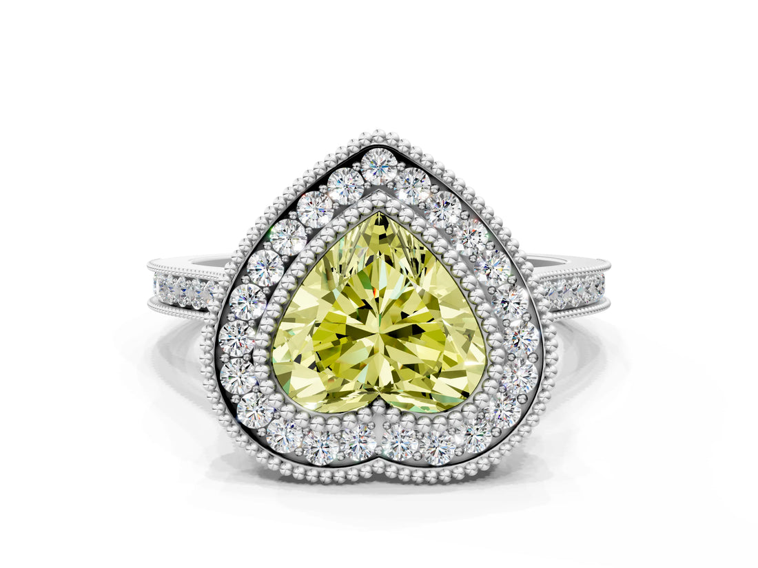 White gold Fancy Yellow Heart  Diamond Halo Ring with Milgrain Frame and Pavé Band_71
