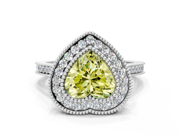 White gold Fancy Yellow Heart  Diamond Halo Ring with Milgrain Frame and Pavé Band
