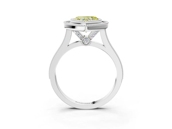 White gold Fancy Yellow Heart  Diamond Halo Ring with Milgrain Frame and Pavé Band